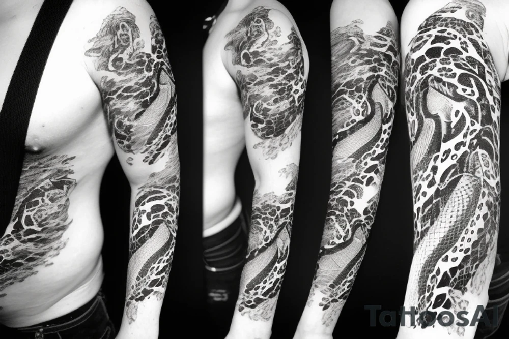 A surreal, abstract, black and white arm sleeve featuring a snake head with four eyes eating its tail as the center, surrounded by other textures found in nature like raven feathers, pangolin scales, and black abstract background tattoo idea