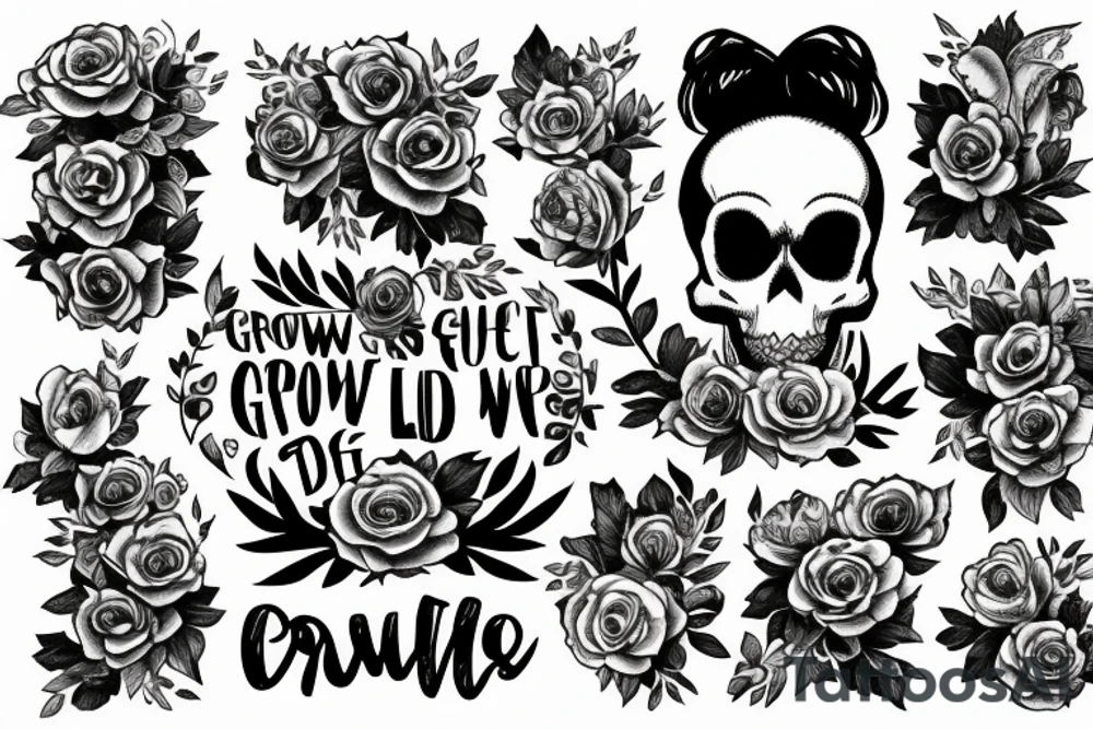 A skull with the words find someone who grows flowers in the darkest parts of you tattoo idea