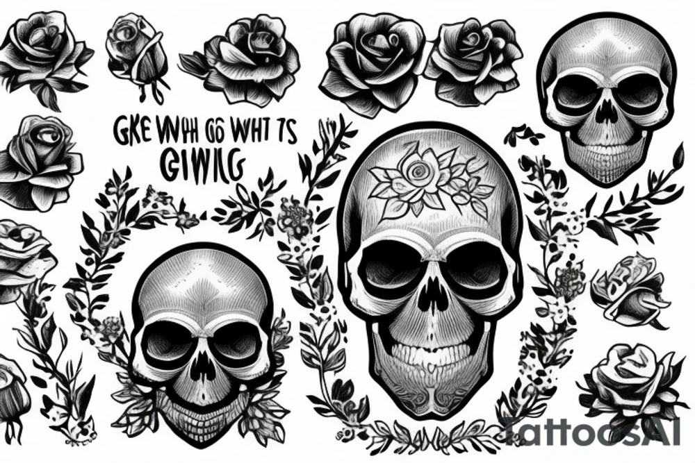 A skull with the words find someone who grows flowers in the darkest parts of you tattoo idea