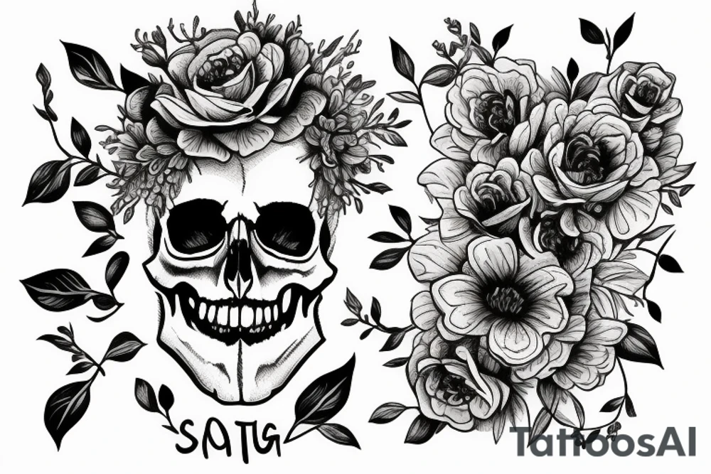 A skull with flowers growing out of it with the words find someone who grows flowers in the darkest parts of you tattoo idea