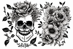 A skull with flowers growing out of it with the words find someone who grows flowers in the darkest parts of you tattoo idea