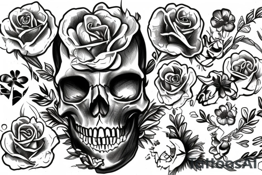 A skull with flowers growing out of it with the words find someone who grows flowers in the darkest parts of you tattoo idea