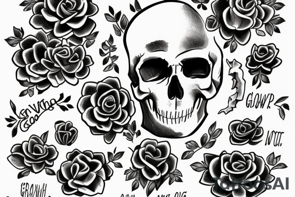 A skull with flowers growing out of it with the words find someone who grows flowers in the darkest parts of you tattoo idea