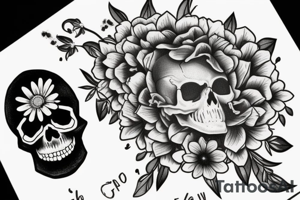 A skull with flowers growing out of it with the words find someone who grows flowers in the darkest parts of you tattoo idea