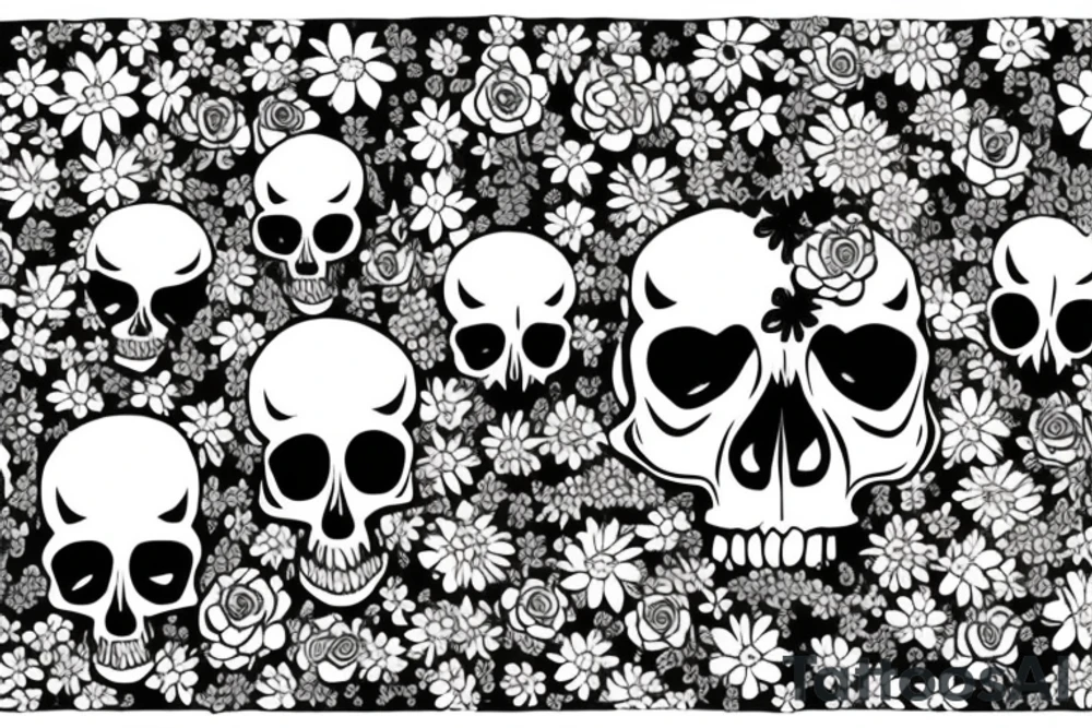 A skull with flowers growing out of it with the words find someone who grows flowers in the darkest parts of you tattoo idea