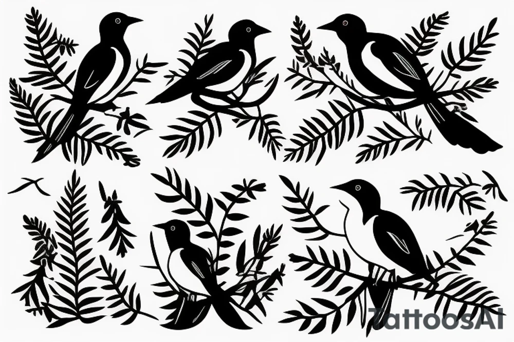 2 magpies and one has a fern in its mouth tattoo idea