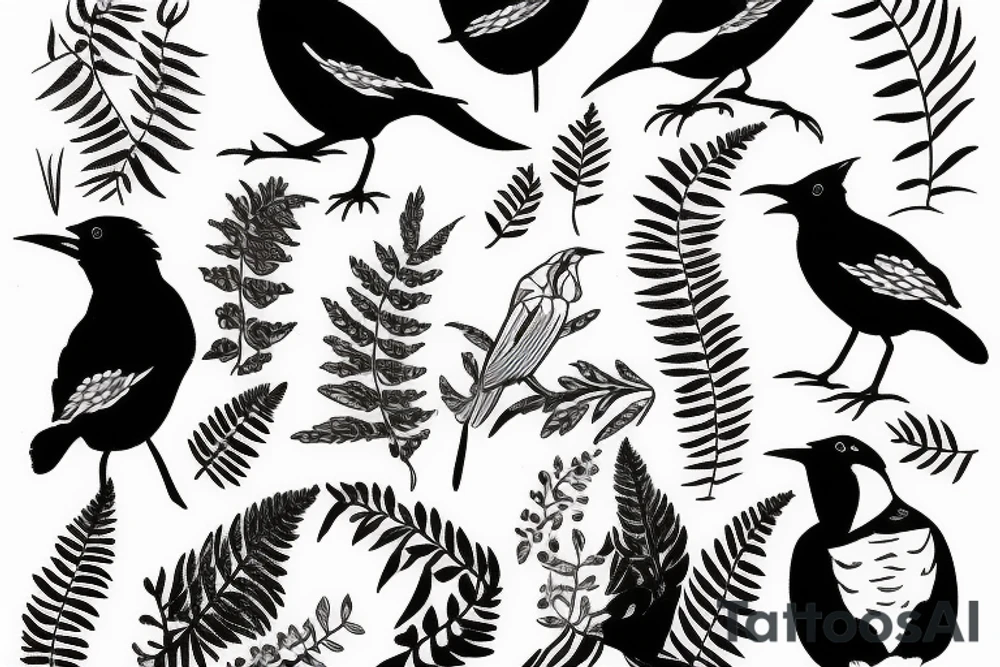 2 magpies and one has a fern in its mouth tattoo idea