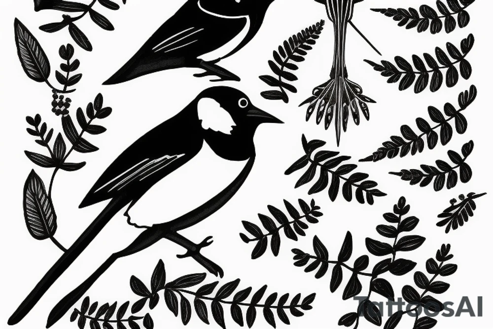 2 magpies and one has a fern in its mouth tattoo idea