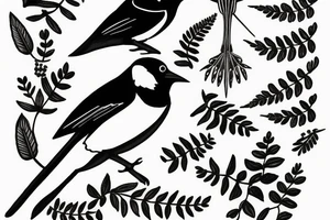 2 magpies and one has a fern in its mouth tattoo idea
