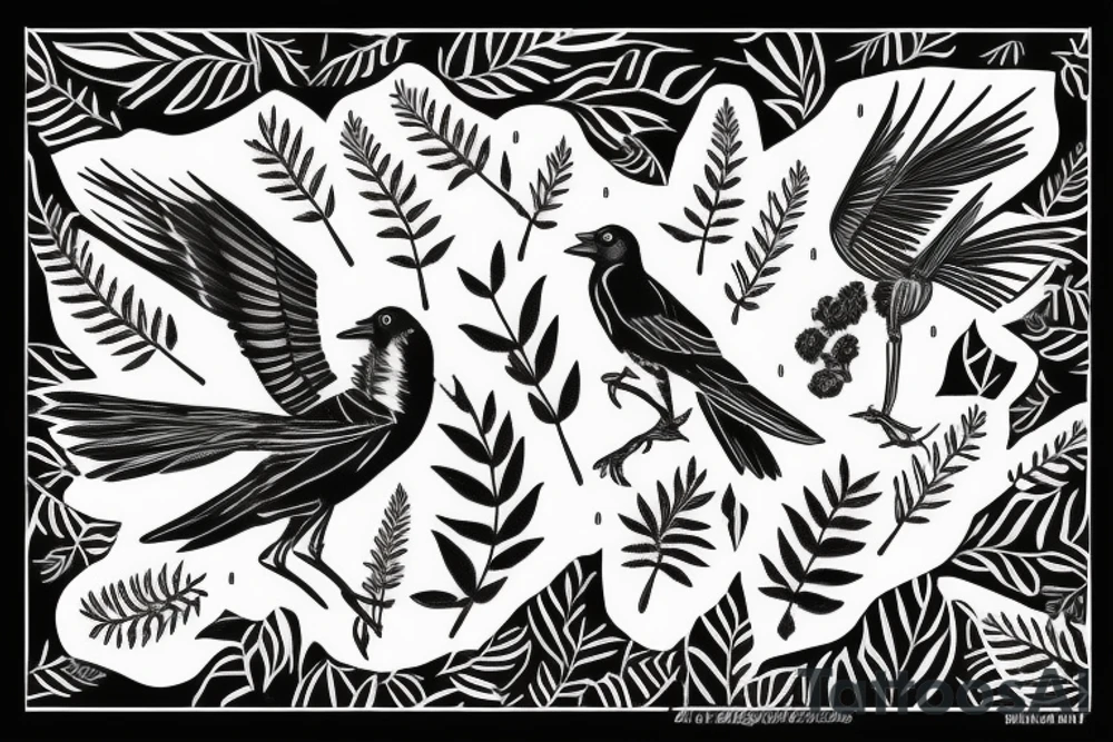 A magpie with a fern in its mouth tattoo idea