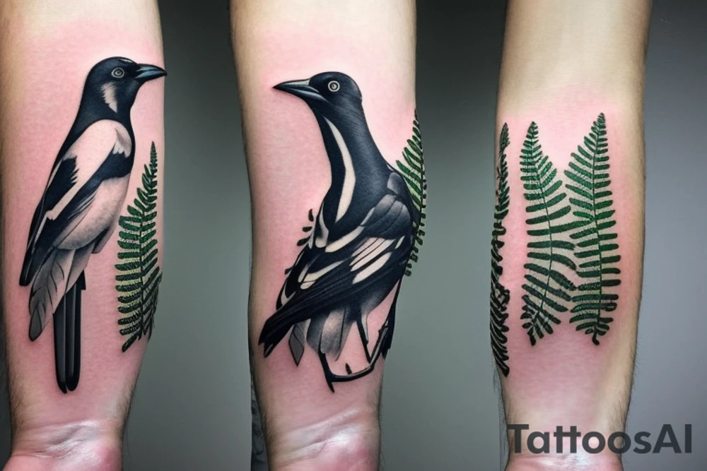 A magpie with a fern in its mouth tattoo idea
