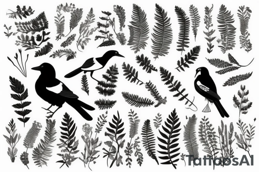 A magpie with a fern in its mouth tattoo idea