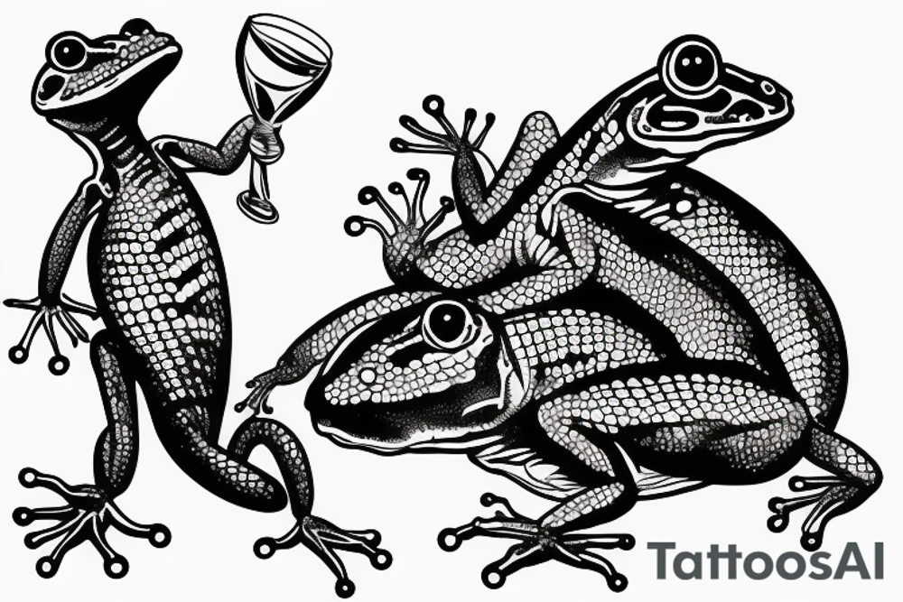 lizard drinking beer standing on a dead frog tattoo idea