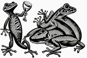 lizard drinking beer standing on a dead frog tattoo idea