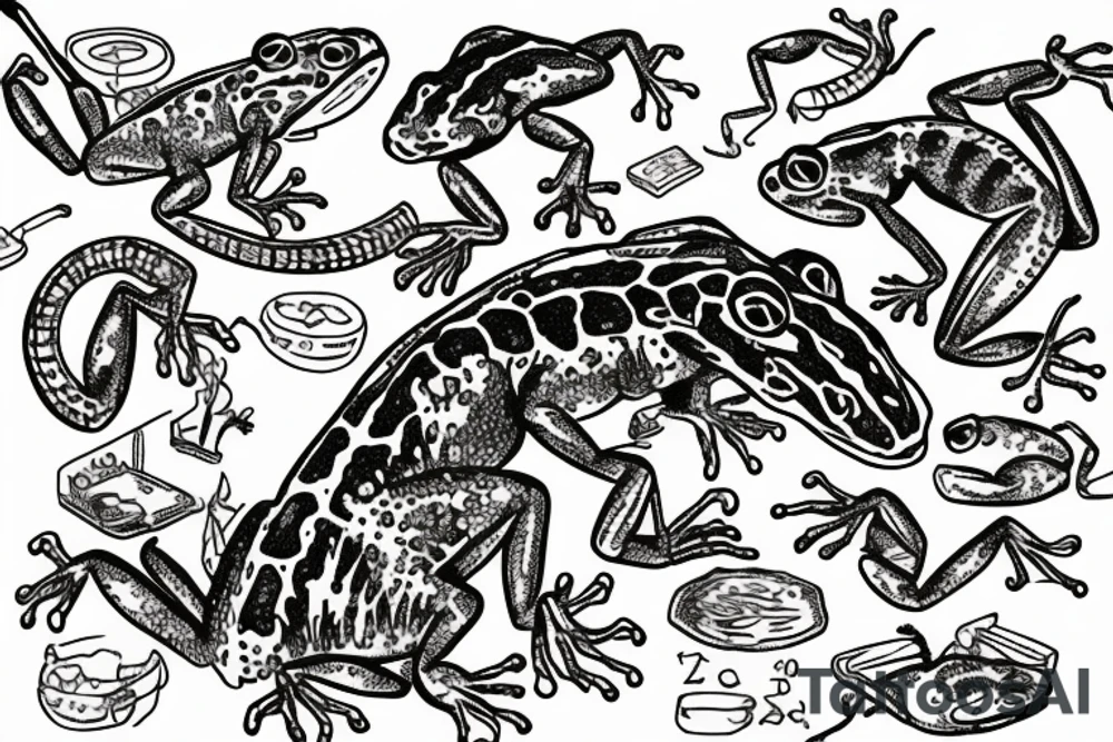 lizard drinking beer standing on a dead frog tattoo idea