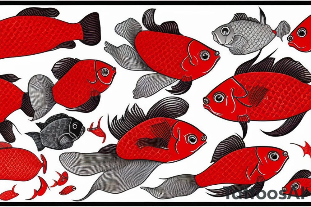 Red coy fish with Japanese fan. Only black and red tattoo idea