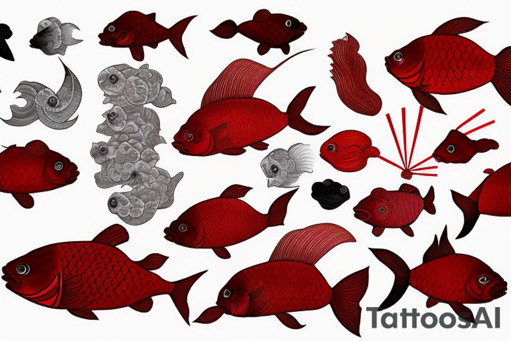 Red coy fish with Japanese fan. Only black and red tattoo idea