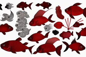 Red coy fish with Japanese fan. Only black and red tattoo idea