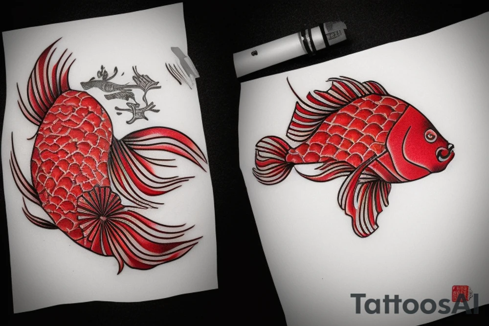Red coy fish with Japanese fan. Only black and red tattoo idea