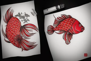 Red coy fish with Japanese fan. Only black and red tattoo idea