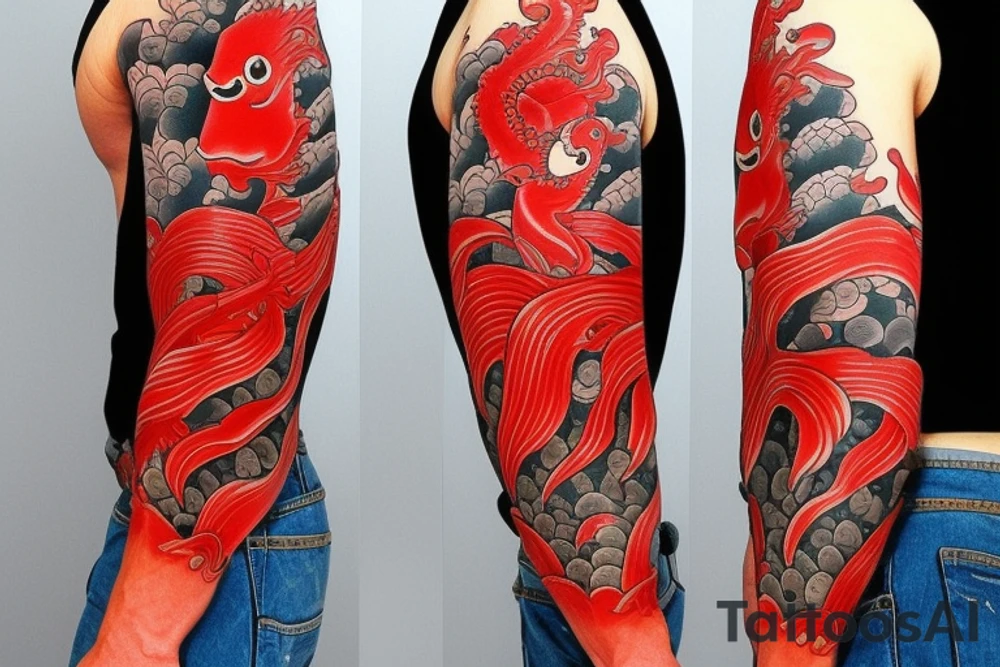 Red coy fish with Japanese fan make it tell a story. Full sleeve. Only black and red tattoo idea