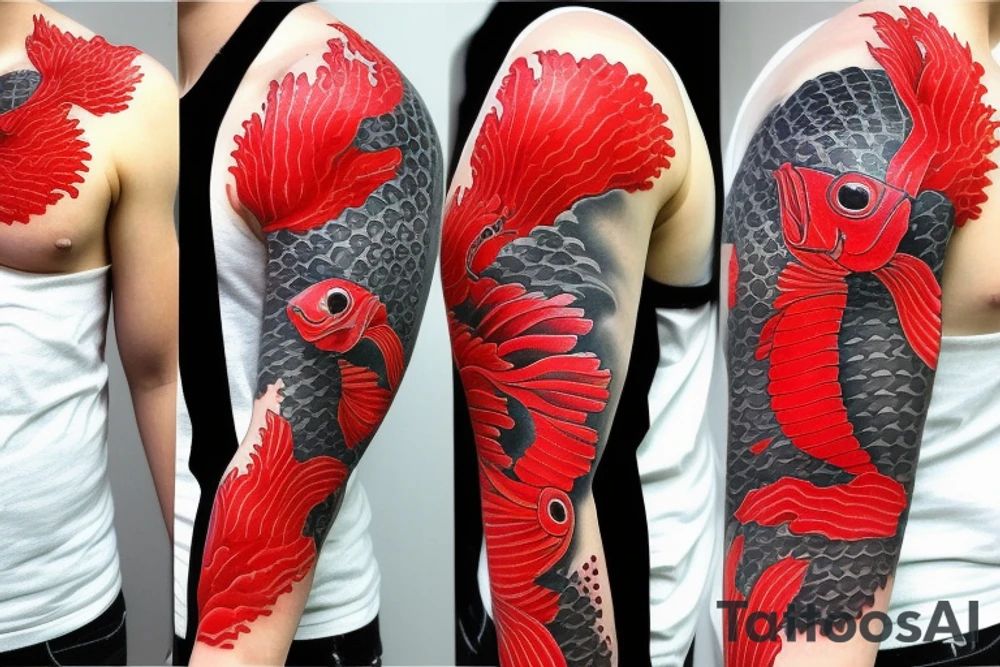 Red coy fish with Japanese fan make it tell a story. Full sleeve. Only black and red tattoo idea