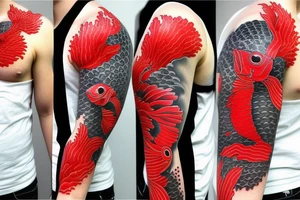 Red coy fish with Japanese fan make it tell a story. Full sleeve. Only black and red tattoo idea