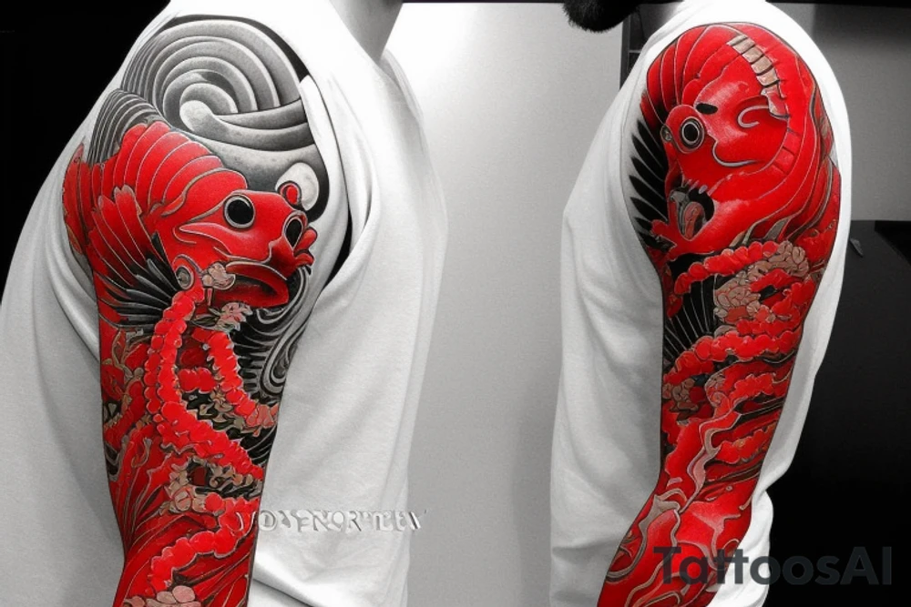 Red coy fish with Japanese sunset make it tell a story. Full sleeve. Only black and red tattoo idea