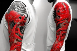 Red coy fish with Japanese sunset make it tell a story. Full sleeve. Only black and red tattoo idea