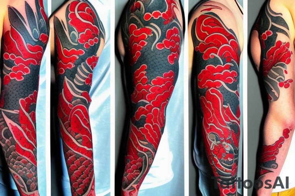 Red coy fish with Japanese sunset make it tell a story. Full sleeve. Only black and red tattoo idea