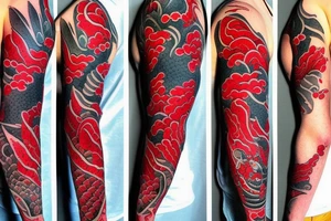 Red coy fish with Japanese sunset make it tell a story. Full sleeve. Only black and red tattoo idea