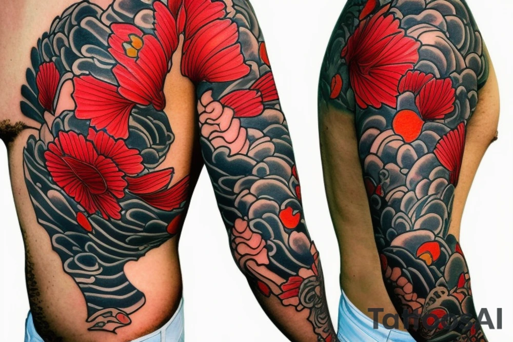 coy fish with Japanese sunset make it tell a story. Add red flowers. Full sleeve. Only black and red tattoo idea