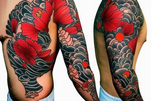 coy fish with Japanese sunset make it tell a story. Add red flowers. Full sleeve. Only black and red tattoo idea
