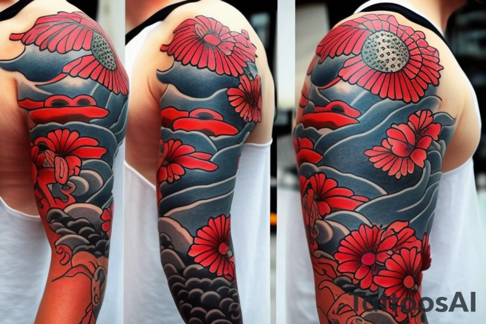 coy fish with Japanese sunset make it tell a story. Add red flowers. Full sleeve. Only black and red tattoo idea
