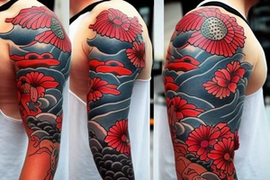 coy fish with Japanese sunset make it tell a story. Add red flowers. Full sleeve. Only black and red tattoo idea