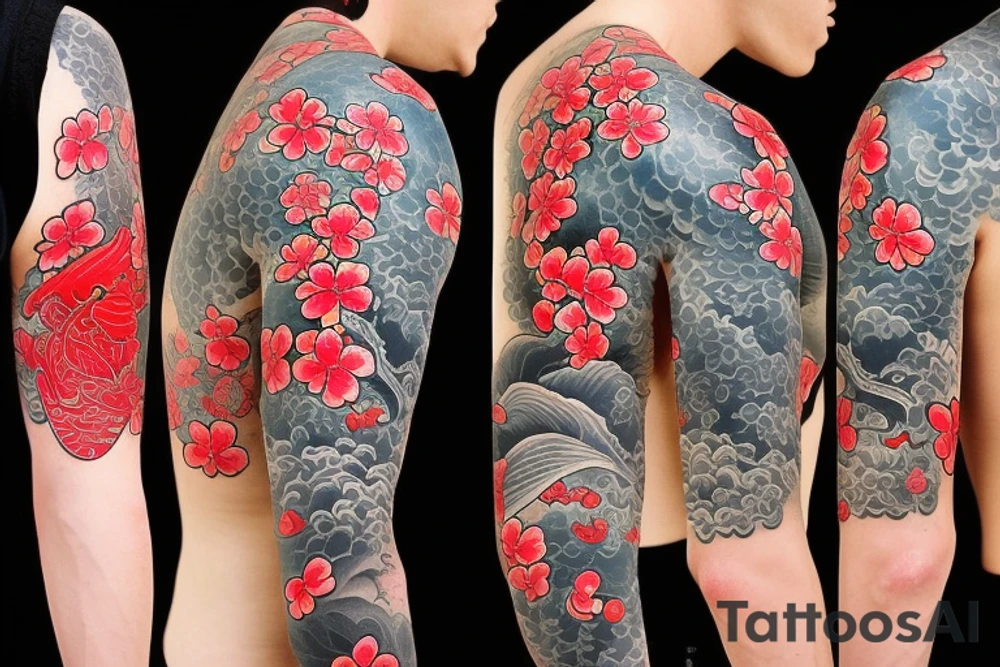 coy fish with Japanese sunset make it tell a story. Add red cherry blossom flowers. Full sleeve. Only black and red tattoo idea