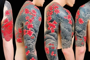 coy fish with Japanese sunset make it tell a story. Add red cherry blossom flowers. Full sleeve. Only black and red tattoo idea