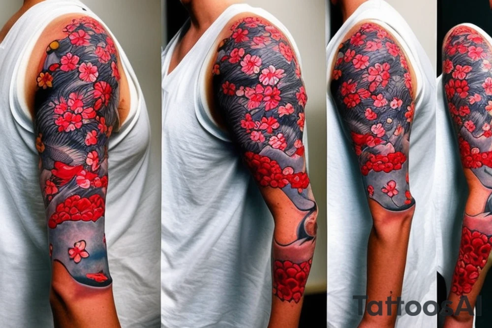 coy fish with Japanese sunset make it tell a story. Add red cherry blossom flowers. Full sleeve. Only black and red tattoo idea