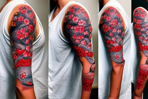 coy fish with Japanese sunset make it tell a story. Add red cherry blossom flowers. Full sleeve. Only black and red tattoo idea