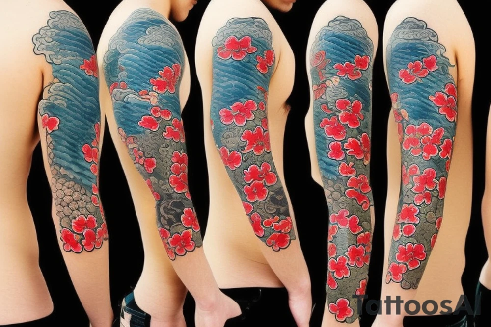 coy fish with Japanese sunset add waves make it tell a story. Add red cherry blossom flowers. 3/4 sleeve. Only black and red tattoo idea