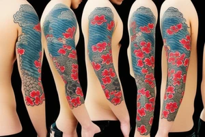 coy fish with Japanese sunset add waves make it tell a story. Add red cherry blossom flowers. 3/4 sleeve. Only black and red tattoo idea