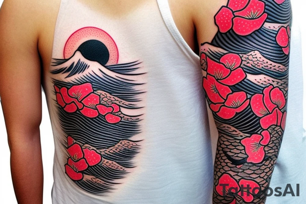 coy fish with Japanese sunset add waves make it tell a story. Add red cherry blossom flowers. 3/4 sleeve. Only black and red tattoo idea