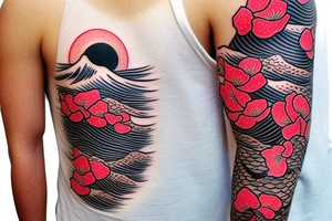 coy fish with Japanese sunset add waves make it tell a story. Add red cherry blossom flowers. 3/4 sleeve. Only black and red tattoo idea