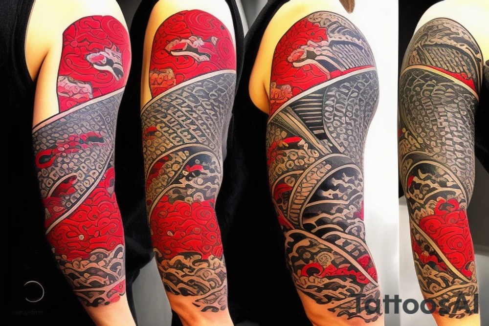 Mix Japanese style with Hawaiian tribal. coy fish with  sunset add waves make it tell a story. Add red cherry blossom flowers. 3/4 sleeve. Only black and red. In love to travel tattoo idea