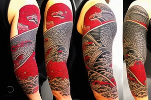 Mix Japanese style with Hawaiian tribal. coy fish with  sunset add waves make it tell a story. Add red cherry blossom flowers. 3/4 sleeve. Only black and red. In love to travel tattoo idea