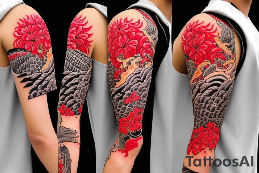 Mix Japanese style with Hawaiian tribal. coy fish with  sunset add waves make it tell a story. Add red cherry blossom flowers. 3/4 sleeve. Only black and red. In love to travel tattoo idea
