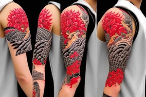 Mix Japanese style with Hawaiian tribal. coy fish with  sunset add waves make it tell a story. Add red cherry blossom flowers. 3/4 sleeve. Only black and red. In love to travel tattoo idea