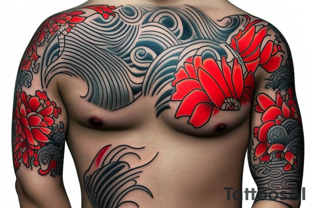 Mix Japanese style with Hawaiian tribal. A full coy fish with  sunset add waves make it tell a story. Add red cherry blossom flowers. 3/4 sleeve. Only black and red. In love to travel tattoo idea
