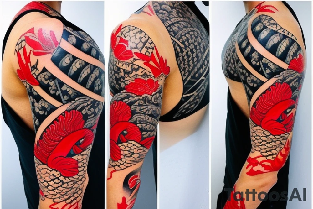 Mix Japanese style with Hawaiian tribal. A full coy fish with  sunset add waves make it tell a story. Add red cherry blossom flowers. 3/4 sleeve. Only black and red. In love to travel tattoo idea