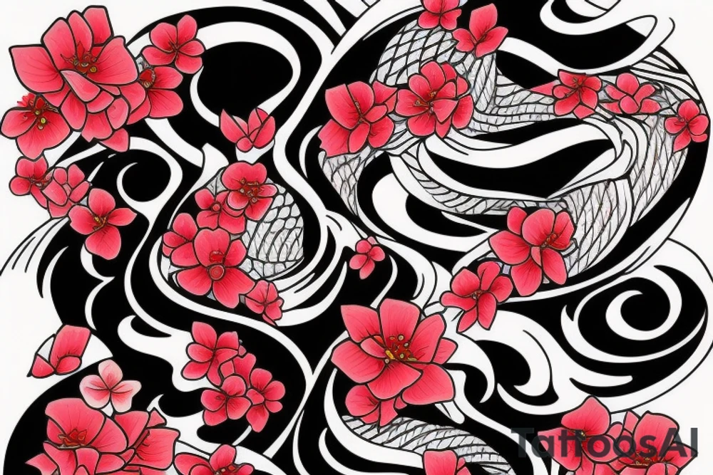 A full coy fish with  sunset add waves make it tell a story. Add red cherry blossom flowers. 3/4 sleeve. Only black and red. In love to travel tattoo idea